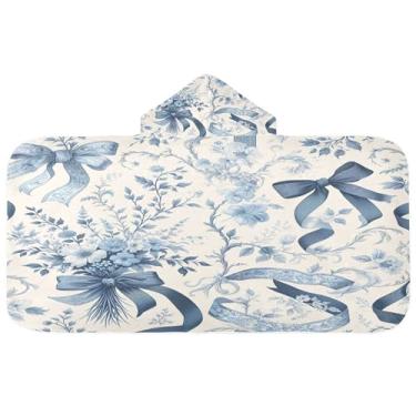 Imagem de Burbuja Toalha de banho com capuz de flores azuis para crianças, toalha de praia de pelúcia absorvente macia para chá de meninas e meninos 3-10 anos, 61 x 127 cm
