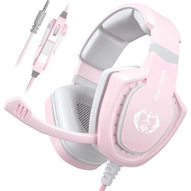 Imagem de Bocodow Fone de ouvido rosa para jogos com microfone para meninas e mulheres, som surround estéreo com fio, fones de ouvido com microfone, baixo, compatível com PC, Mac, computador, PS5, Xbox, PS4