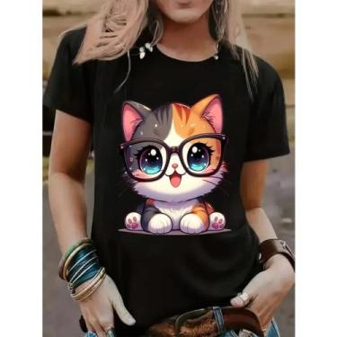 Imagem de Camiseta Algodão Feminina Casual Básica Tendência Gato IA - Universo M