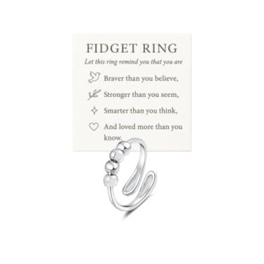 Imagem de HUASAI Anéis de ansiedade para mulheres, prata, ajustável, com miçangas, alívio de estresse, joias, presentes, Large, Zinco, Sem pedra preciosa