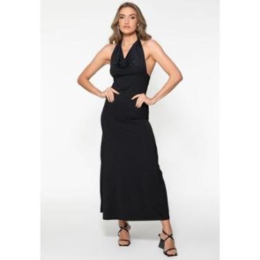Imagem de Vestido Longo Frente Única Decote Drapeado Preto Vestido Longo Frente Única Decote Drapea Preto-Feminino