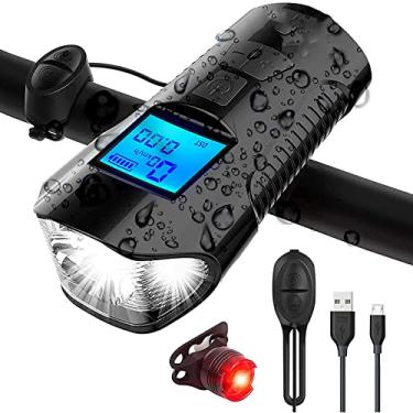Imagem de Conjunto de Luzes para Bicicleta com Velocímetro Farol LED e Luz Traseira Display LCD Recarregável via USB Buzina Incluí