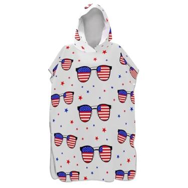 Imagem de TSENQUE Poncho de surf branco com lentes da bandeira americana para adultos roupão vestível masculino feminino poncho com capuz toalha de banho com capuz de praia