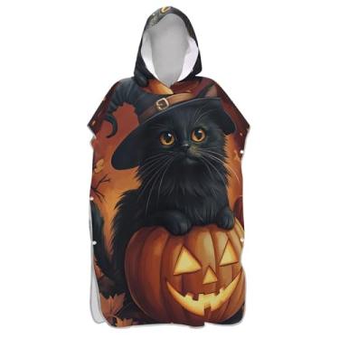 Imagem de Gato preto Halloween abóbora surf poncho trocador adulto toalha de natação com capuz plus size unissex adulto poncho com capuz