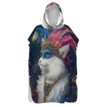 Imagem de TSENQUE Roupão vintage branco com estampa de gato, poncho de surfe, para adultos, com capuz, toalha para natação, leve, ponchos adultos para mulheres