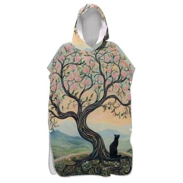 Imagem de Poncho de surfe trocador de roupão adulto toalha de natação com capuz fofo reutilizável unissex adulto poncho com capuz rosa pastel gato árvore