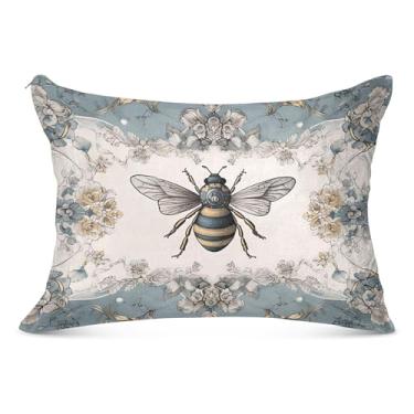 Imagem de Capas de travesseiro vintage de abelha floral grande de flanela decorativa longa King Queen tamanho padrão capa de travesseiro fofa macia para cama, tamanho do corpo, 53 cm x 137 cm