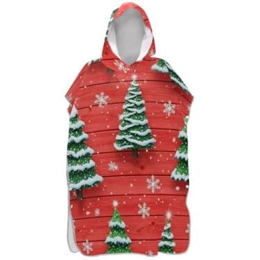 Imagem de Joisal Árvores de Natal Poncho de Surf Vermelho para Adultos Trocando Roupão de Secagem Rápida Ponchos de Praia para Homens Toalha de Banho com Capuz de Praia