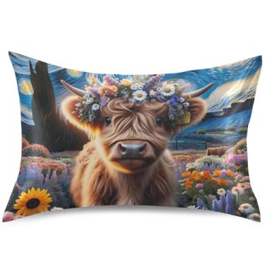 Imagem de Highland Cow Bezerro Floral Estrelado Noite Cetim Capas de Travesseiro Padrão Queen King Size Travesseiros Padrão Confortável Roupa de Cama Macia, Tamanho Padrão, 66 cm x 50 cm