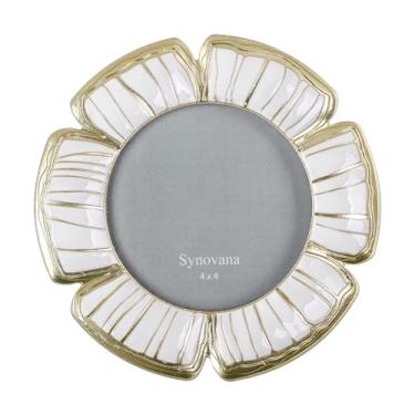 Imagem de Synovana Porta-retrato de pétala branca marfim – Moldura redonda de flores 10 x 10 cm para aniversário, exibição de mesa e presente