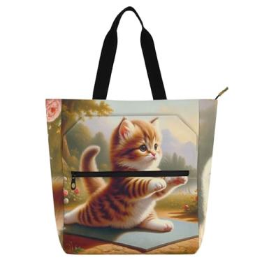 Imagem de GAIGEO Sacola feminina com estampa de gatinho fofo para trabalho, lona, praia, livro, sacola com zíper, bolsa infantil fofa com compartimentos