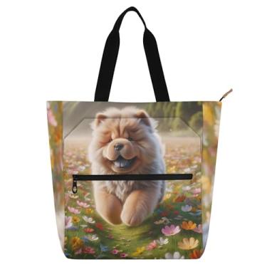 Imagem de GAIGEO Bolsa feminina para trabalho de cachorro Chow Chow floral primavera lona praia livro bolsa zíper professores bolsa com compartimentos