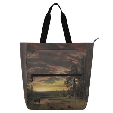 Imagem de GAIGEO Bolsas de trabalho femininas com paisagem Bierstadt Albert Evening Prairie Tote Canvas College School Tote Bolsas para professores, amantes de livros