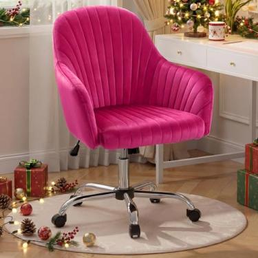 Imagem de Warmiehomy Cadeira de mesa de veludo para escritório em casa, cadeira de trabalho giratória ajustável moderna, cadeiras femininas com descanso de braço para quarto de vestiário, Barbie rosa