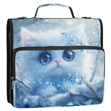 Imagem de Fichário fofo com estampa de gatinho de 3,8 cm, 3 anéis, organizador de fichários com zíper, bolsa escolar com alça de ombro, grande portfólio e estojo para pasta de anel