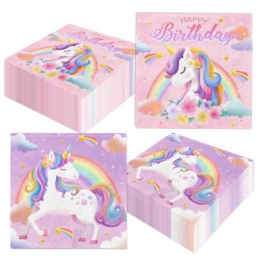 Imagem de Guardanapos de unicórnio, 48 peças de decorações de festa de aniversário de unicórnio arco-íris guardanapos de papel para decoração de aniversário de meninas