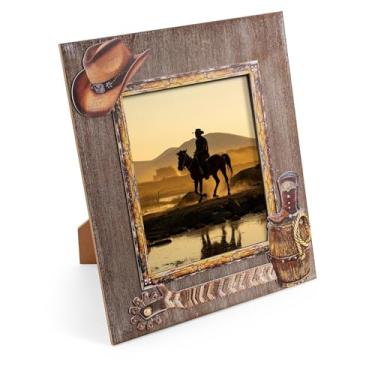Imagem de CFDYMTJ Moldura de chapéu de cowboy para foto de 20 x 25 cm com vidro verdadeiro, moldura rústica para pendurar na parede e mesa, presente para decoração de casa e artesanato