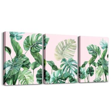 Imagem de jejeloiu Arte de parede em tela de folha de palmeira para sala de estar quarto 30,5 x 40,6 cm x 3 peças para crianças botânicas tropicais imagem decoração de parede para decoração de casa adolescentes