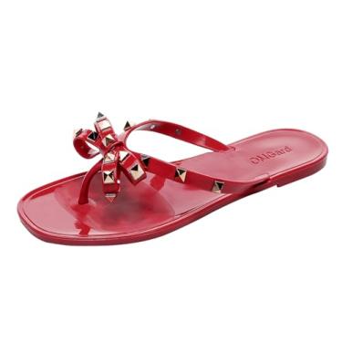 Imagem de OMGard Sandálias rasteiras femininas, sapatos cravejados de gelatina tamanho 9 vermelho elegante verão praia rebites tiras geleias deslizantes nos dedos abertos, Vinho tinto, 35