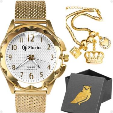 Imagem de Kit Relógio Feminino Analógico Dourado à Prova dÁgua com Pulseira Tend