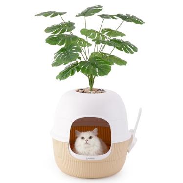 Imagem de ZOMISIA Caixa de areia oculta para gatos com planta falsa, caixa de areia com controle de odor, móveis com vaso artificial e colher, fácil de montar e limpar, branco e cáqui