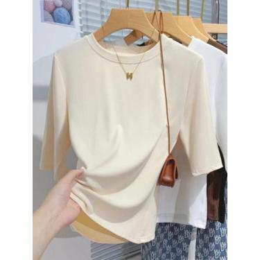 Imagem de Camiseta De Algodão Feminina De Verão, Básica, Com Gola Redonda E Mang