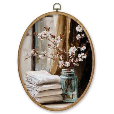 Imagem de CGBHW Decoração de parede oval de lavanderia vintage, impressões em tela floral de primavera de fazenda emolduradas, decoração de parede de banheiro rústico para decoração de casa de banho cozinha
