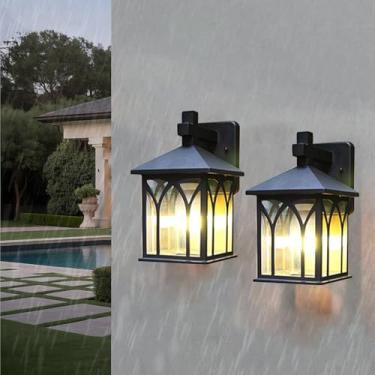 Imagem de GZZBMY E27 Iluminação de parede externa IP65 à prova d'água metal preto lâmpada de parede sombra de vidro vintage indústria iluminação de parede para pátio jardim varanda cerca (sem lâmpadas) (preto
