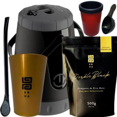 Imagem de Kit Para Tereré Black Erva Mate 500g Garrafa Lisa Copo Acrílico Dourad