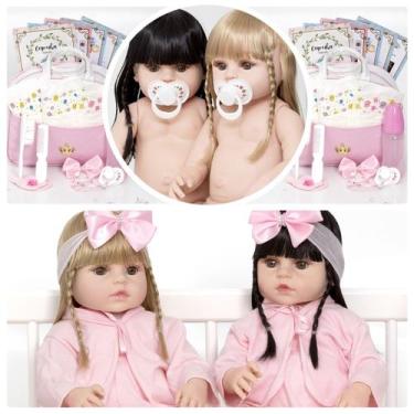 Imagem de 2 Bebes Reborn Gemeas Loira Morena Bolsa Acessórios Enxoval - Cegonha 