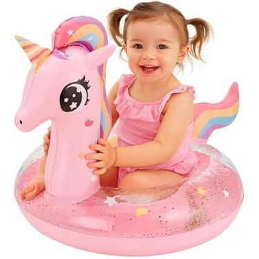 Imagem de Boia Infantil Unicórnio Rosa com Glitter Inflável para Piscina e Praia PVC Resistente Design Encantador Ideal para Crianças A partir de 3 anos