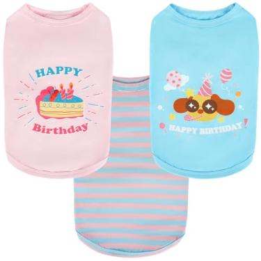 Imagem de Pacote com 3 camisetas pequenas para cães com estampa de aniversário, colete leve sem mangas, roupas de festa para filhotes, uso interno, macio, respirável para peles sensíveis, movimento livre (rosa