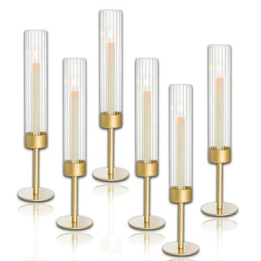 Imagem de Conjunto de 6 castiçais de vidro Hurricane, castiçais de latão, castiçais cônicos, centro de mesa de jantar elegante para casamento, Natal e decoração de casa com nervuras