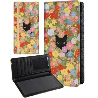 Imagem de Slohif Capa feminina para talão de cheques pessoais duplicados - porta-carteira para livro de cheques, flores pretas, lágrima lateral superior, Gato com flores coloridas