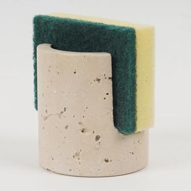 Imagem de Marubhumi Suporte de esponja de cozinha de pedra travertino, design de secagem rápida com canal integrado, suporte de esponja de prato de pedra natural esculpido à mão para balcão