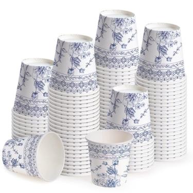 Imagem de WRAPAHOLIC Copos de papel de 85 g - pacote com 100 copos descartáveis para banheiro com desenho floral azul esboço, copo pequeno para enxaguante bucal para enxágue de escova de dentes, banheiro