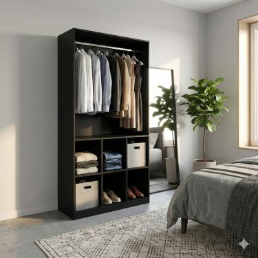 Imagem de Armário Estante Colmeia Com 6 Nichos + 01 Cabideiro Lojas Closet Guarda Roupas Organizador Preto