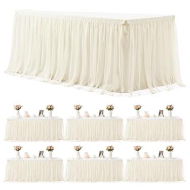 Imagem de Pacote com 6 toalhas de mesa marfim para mesas retangulares de 1,8 m marfim toalha de mesa retangular de tule 1,8 m, capas de mesa de elastano elástico para casamento, chá de bebê, festa de