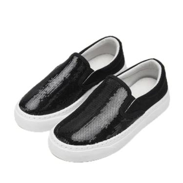 Imagem de Tênis infantil para meninas e meninos, cano baixo, sem cadarço, de lona, casual, confortável, sem cadarço, moderno, colorido, glitter, caminhada, corrida, salto plano, lantejoulas, tênis preto, Preto