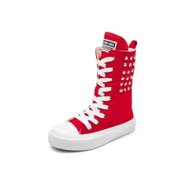 Imagem de OPOEE Sapatos de lona para meninas, meninos e meninas, cano alto, infantil, moderno, dança de rua, branco, campus, tênis de lazer ao ar livre, tênis infantil de cano alto, Md 5055red, 14