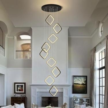 Imagem de Lustre moderno de LED para escada, em alumínio preto, com altura ajustável e anéis elegantes, dimerizável, ideal para escadas de casas, salas de jantar e salas de estar com pé direito alto (