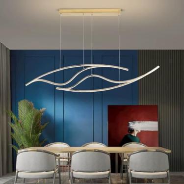 Imagem de Luminária pendente LED dimerizável com controle remoto, design moderno e minimalista para mesa de jantar, sala de estar e sala de jantar, iluminação de teto, modelo BD445 (dourado, 125 cm de