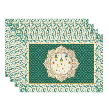 Imagem de XCHI Jogo americano Flowers Moon Star Lantern Ramadan Mubarak conjunto de 4 tapetes de mesa para festa, casa, cozinha, decoração de mesa de jantar, 30 x 45 cm