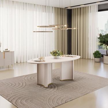 Imagem de Mesa para Sala de Jantar 218cm com Tampo Elipse Orgânico com Vidro Liz Off White