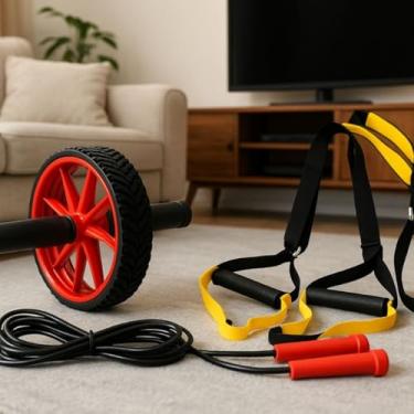 Imagem de Kit Treino Funcional Completo com Suspensão, Roda Abdominal Dupla e Corda de Pular(Vermelho)