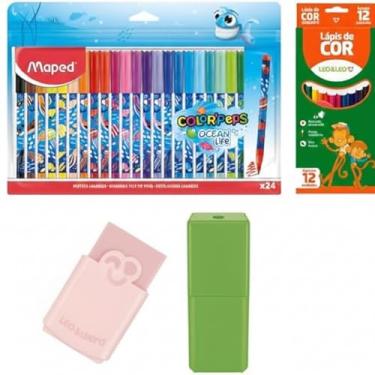 Imagem de Kit Escolar Leo & Leo – Canetinha 24 Cores Color Peps Ocean + Lápis de Cor 12 Cores + Apontador e Borracha