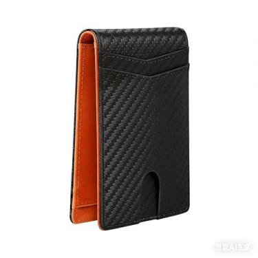 Imagem de Carteira masculina fina de fibra de carbono dobrável com bloqueio de RFID, bolso frontal, suporte fino para cartão de crédito com caixa de presente, Preto de carbono e laranja, Moderno