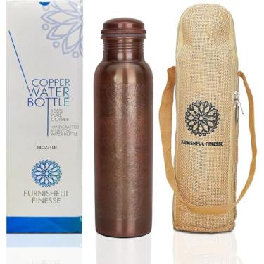Imagem de FURNISHFUL FINESSE Garrafa de cobre antigo de 1000 ml Garrafas de água de cobre puro com bolsa de transporte de lona para esportes, academia, ioga, caminhadas, vaso ayurvédico antigo feito à mão 1