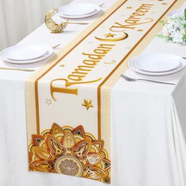 Imagem de Caminho de mesa Ramadan Kareem, corredor de mesa de ouro branco com estrela lua e padrão de flor, decorações de mesa de cozinha sazonal para decoração de festa muçulmana em casa, decoração de festas
