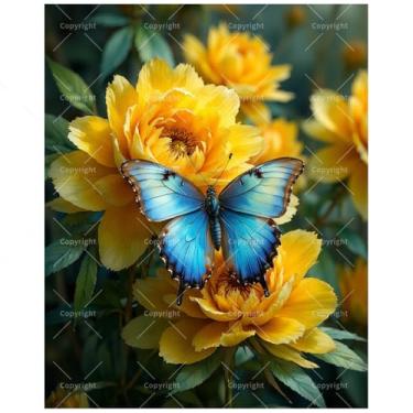 Imagem de Kit de pintura de beleza natural por números para adultos - DIY borboleta azul e flores douradas pintura em tela 40,6 x 50,8 cm, conjunto de tinta acrílica, adequado para iniciantes, arte para